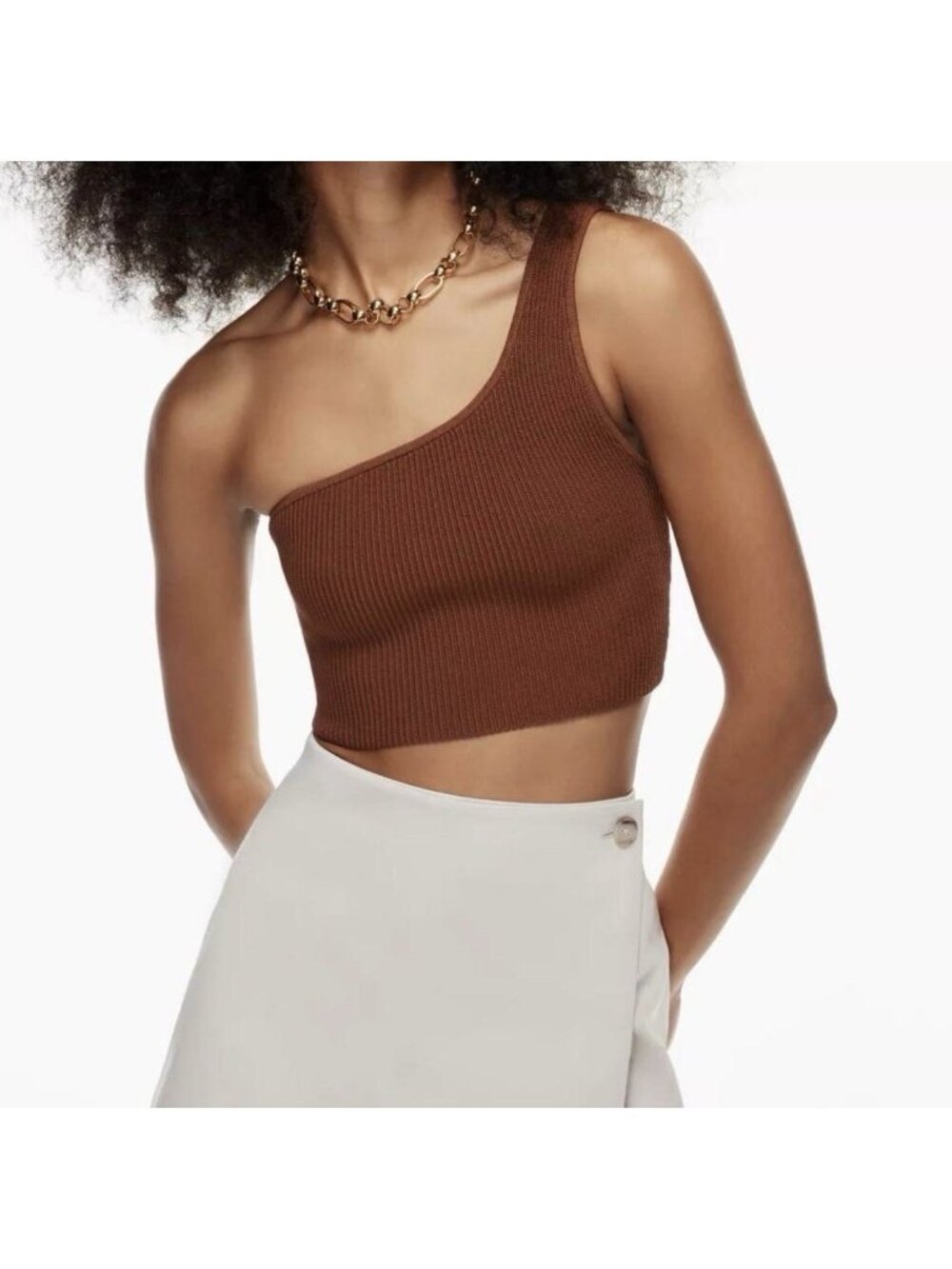 SHEIN Women’s Rust Brown Ribbed One Shoulder Crop Tank Top Xs Us 2